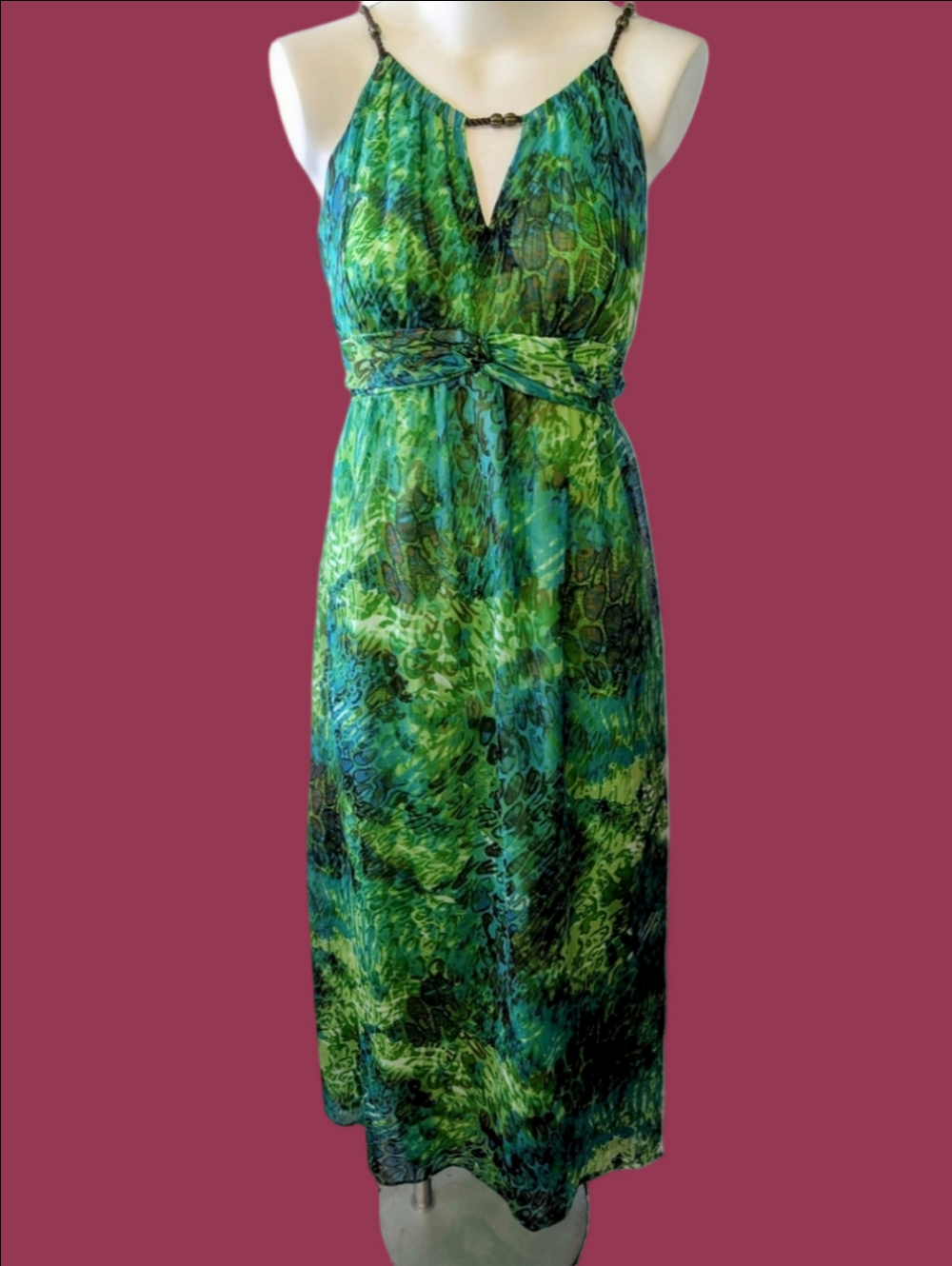 Vintage  Sheri Martin Dress Green Patterned Maxi Classic Summer Style Sz 6